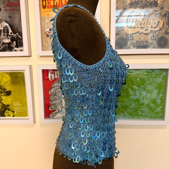 Vintage 90s Teal Crochet Sequin Tank Top - Picture 3 of 5